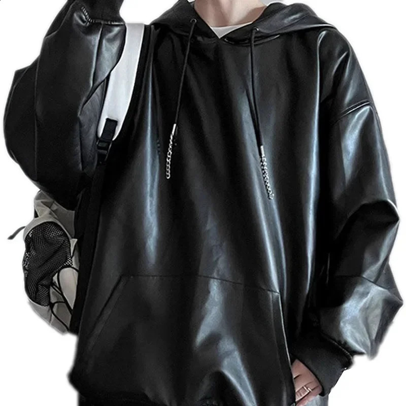 Pu Racing Hooded Jacket Mens Spring Autumn Loose Locomotive Leather Jackets Solid Color Long Sleeves Pockets Hoodies Tops 240814