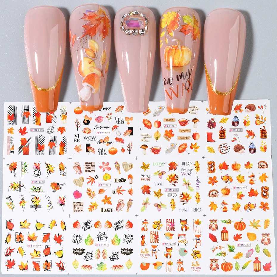 12pc Fall Leaves Nail Water Stickers Set Cute Pumpkin Mushroom Nail Foils Decals Watermark Transfer Slider Autumn Manicure DecorXJ240814