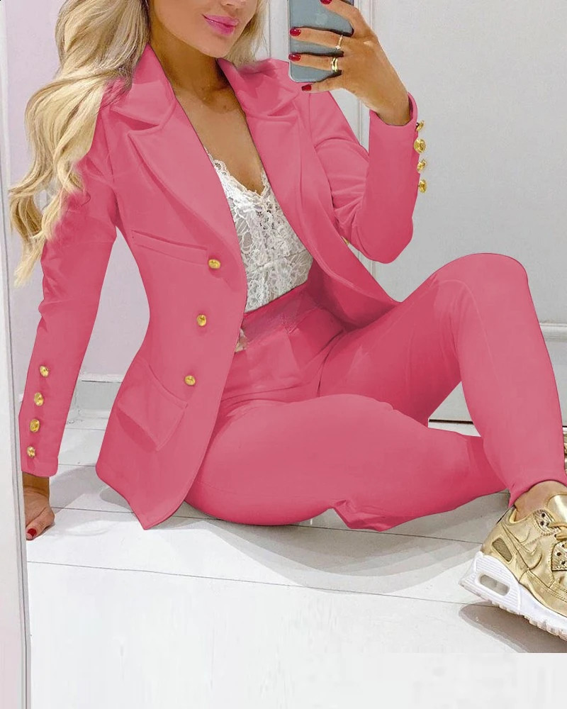 Women Two Pieces Pant Sets Formal Business Double Breasted Blazers Jacket Pants 2 Piece Set Elegant Ladies Suits Office Lady 240814