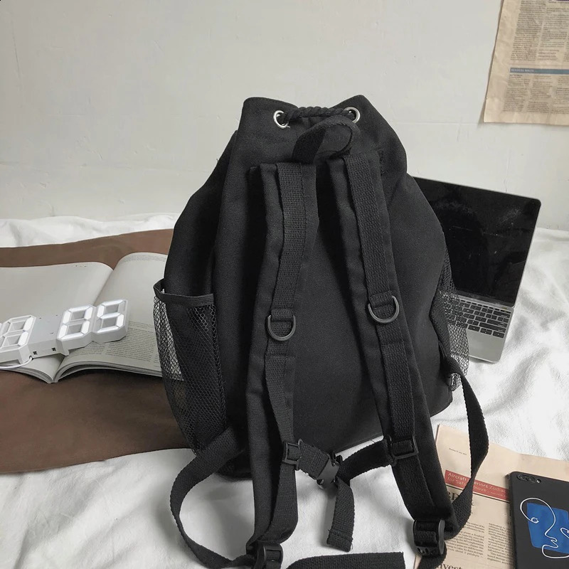 Drawsting Backpacks For Women Casual Canvas Lady Light Weight Students Shoulder Bag Large Capacity Travel Rucksack 240814