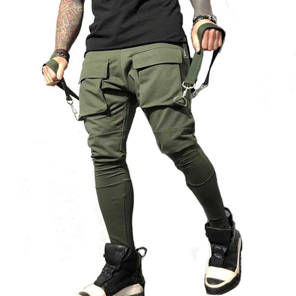Mens running elastic tight sports pants breathable fitness casual cotton multi pocket pants ultra-thin legs W250318