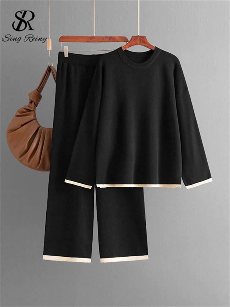 Womens Oneck loose fitting patchwork topelastic waist wide leg pants knitted sweater 2PC set 240809