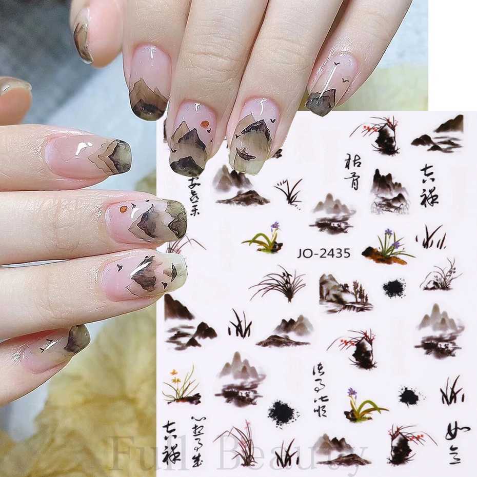 Chinese Character Nail Sticker Abstract Art Words 3D Design Sliders Painting Ink Flowers Bamboo Decals Foil Manicure AccessoriesXJ240814