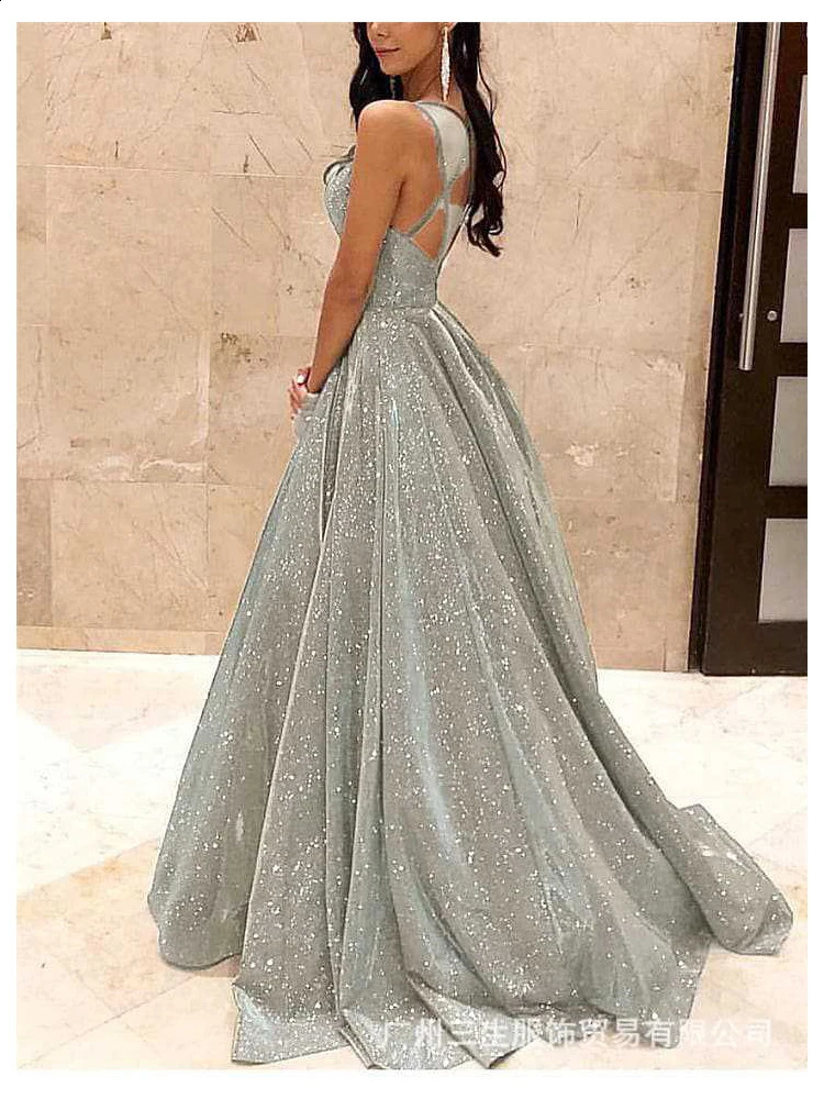 Elegant Lady Sequins Dresses Formal Occasion Women Waisted A-line Dress Sexy Backless Sleeveless Party Evening Dress 240815