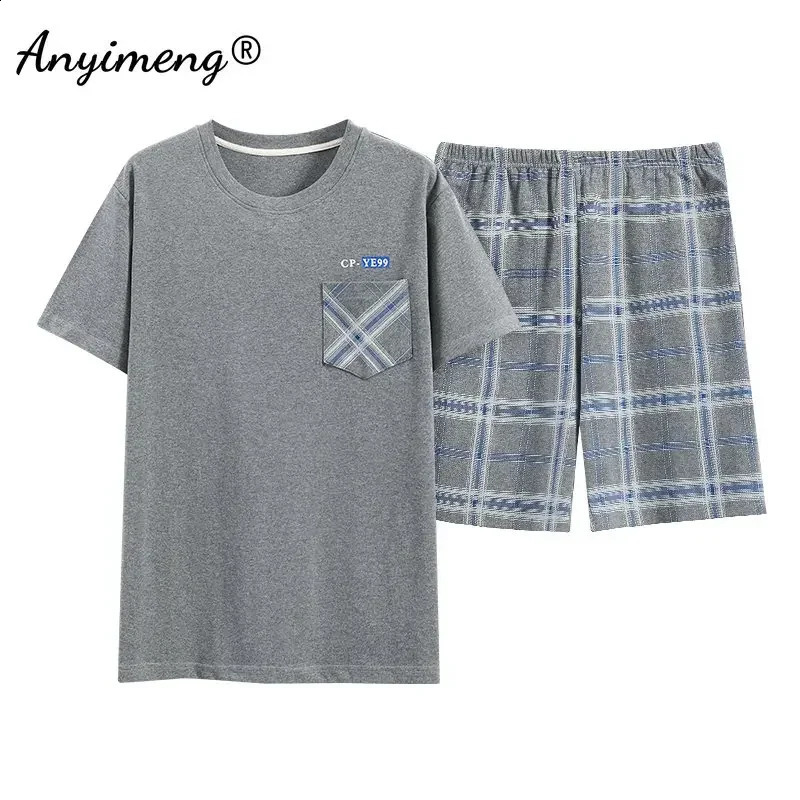 Mens L-5XL Summer Cotton Homesuit Fashion Elegant Plaid Pants Shorts Pajamas Set for Man Leisure Sleepwear Boys Pullover Pijamas 240814