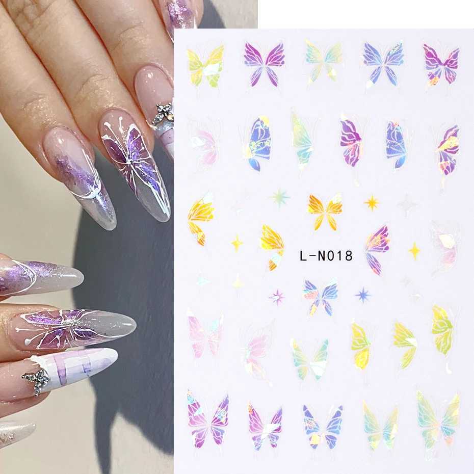 Laser Blue Butterfly 3D Nail Stickers Holographic Colorful Geometry Decals DIY Decals Designs For Nail Art Manicures DecorationsXJ240814