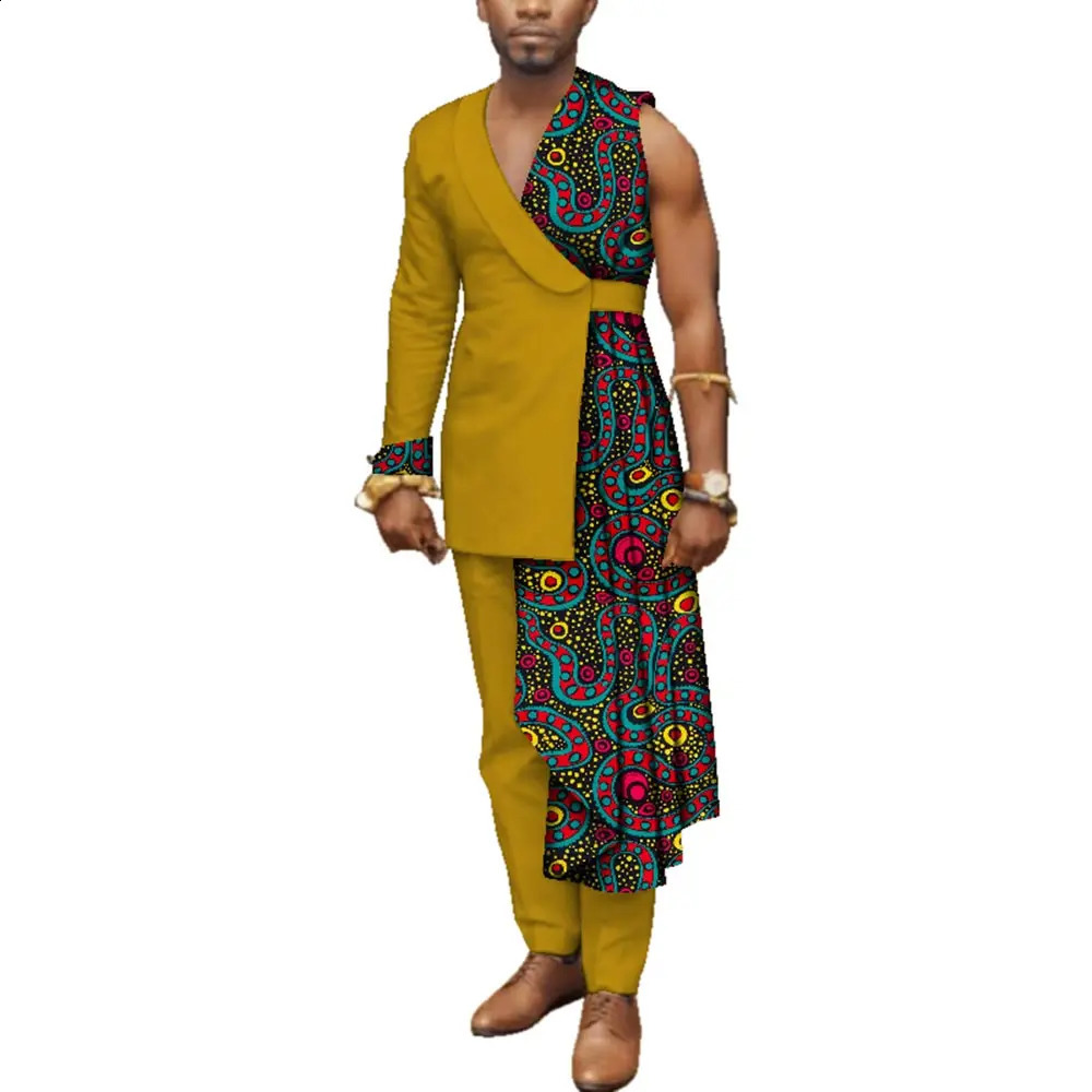 Men Bazin Riche Patchwork One-Shoulder Top and Pants Cotton 2 Pieces Pants Sets Special Custom Mens African Clothing WYN497 240814