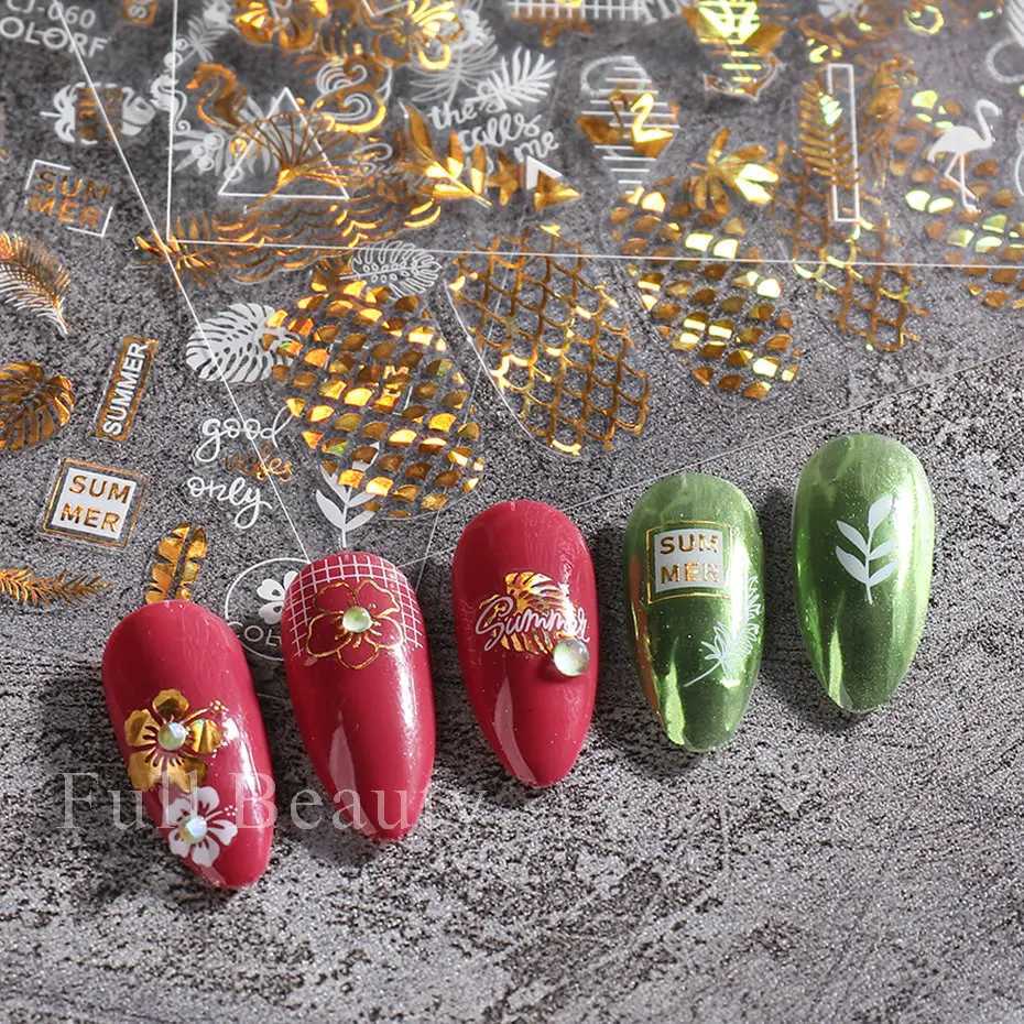 3D Black Gold Coconut Tree Nail Sticker Laser Palm Leaves Flower Sliders For Manicure Summer Beach Ocean Nail Decals DecoXJ240814