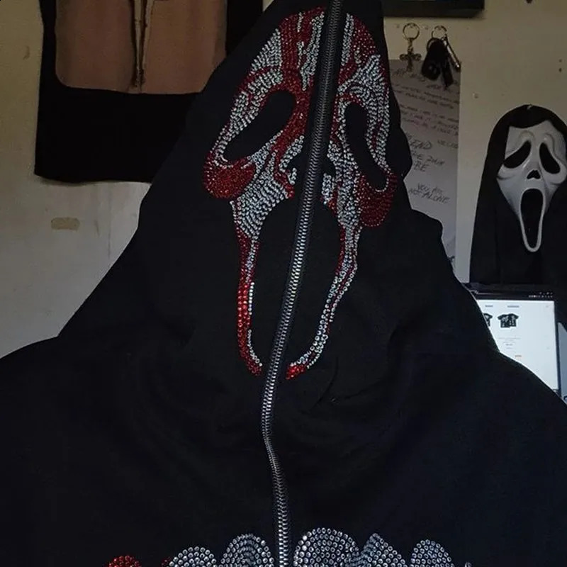 Zipper Ghost Rhinestone Hoodies Black Gothic Sweatshirts Y2k Bling Autumn Jackets Grunge American Fashion Hoodie Men Streetwear 240814