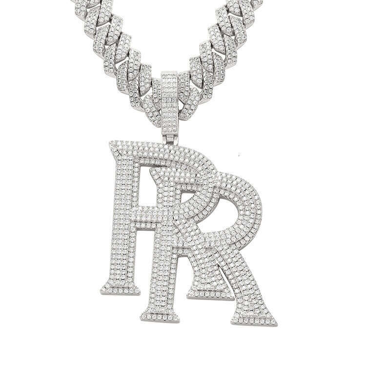 Handmade Insert Big Letter Double R Copper Plated Solid Gold Cubic Zircon Pendant For Cuban Link Chain