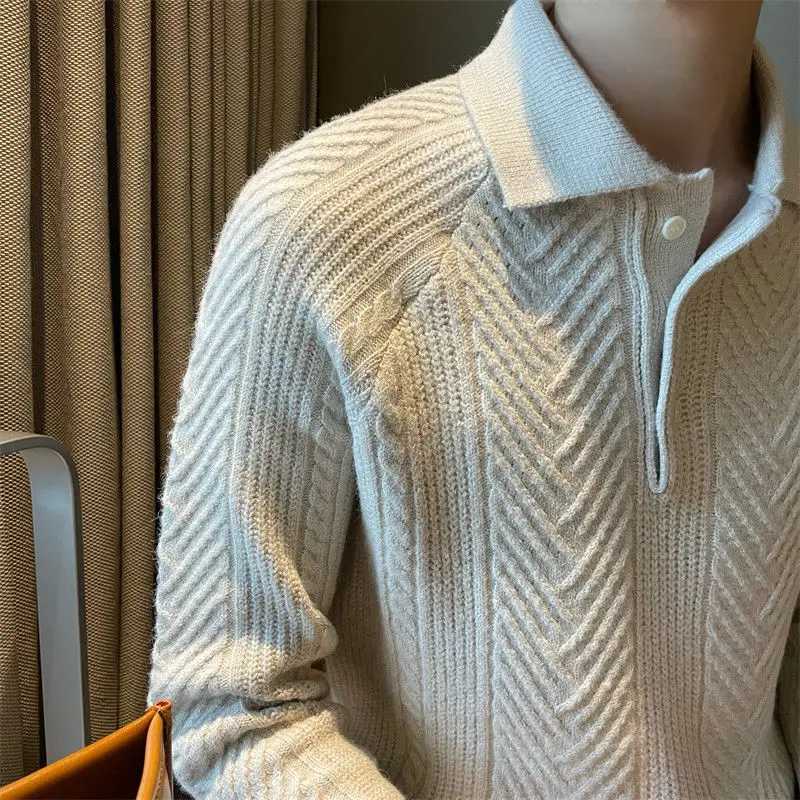 Sweater Mens Retro Texture Turndown Collar Polo Shirt Autumn Winter Casual Solid Color Buttons Knitted Sweaters Tops PulloverXJ240814