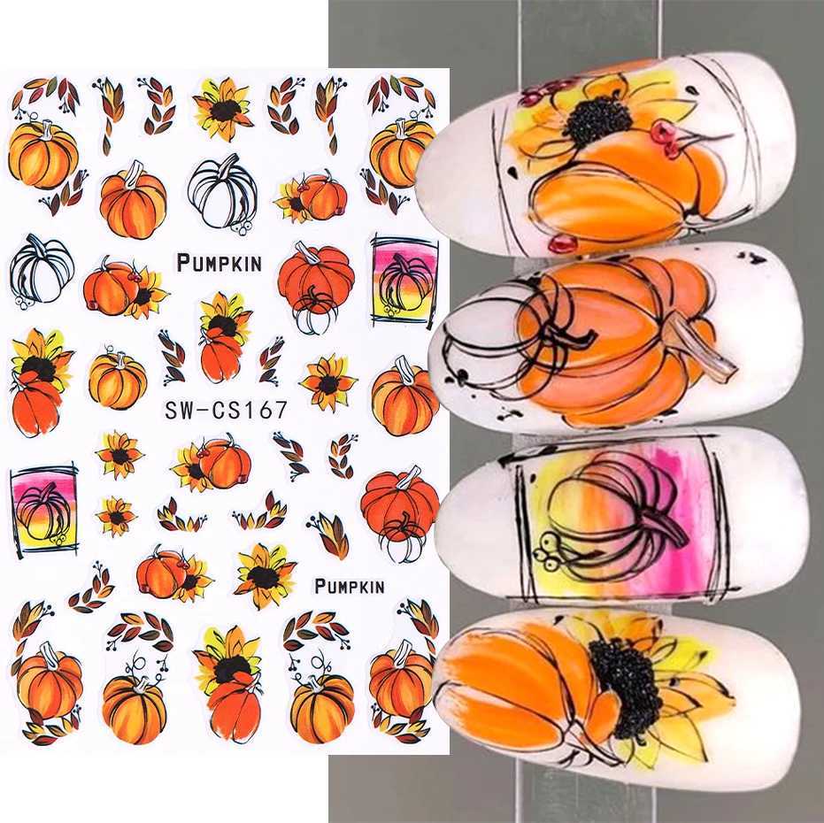 3D Autumn Pumpkin Nail Sticker Fall Leaf Slider Halloween Scorpion Cherry Spider Web Ghost Decal DIY Manicure Art Decoration TipXJ240814
