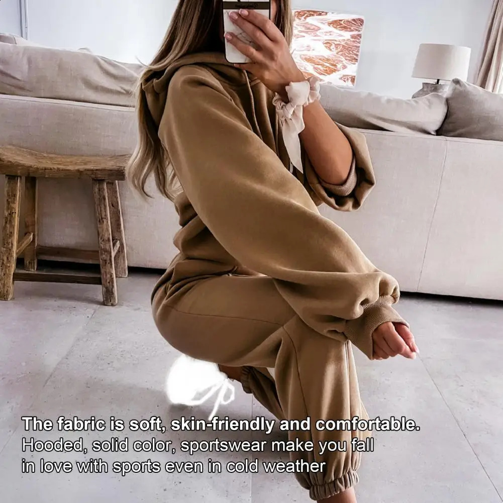 Solid color twopiece womens track and field suit autumn winter pants set hooded sweatshirt sports conjuntos de mujer 240809
