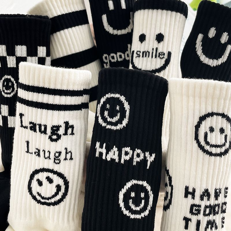 Stylish Mid-Thigh Black Tights for Kids with Whimsical White Smiley Design - Perfect Street College Style Accessory