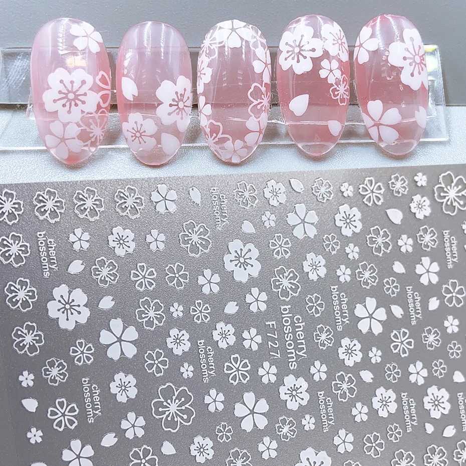 4pcs Sakura Flower 3D Nail Stickers White Cherry Blossom Nail Art Decals Spring Summer Adhesive Slider Decor Wedding ManicureXJ240814