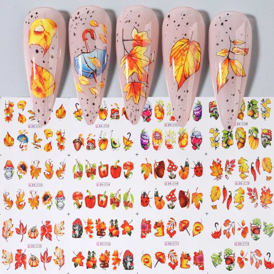 12pc Fall Leaves Nail Water Stickers Set Cute Pumpkin Mushroom Nail Foils Decals Watermark Transfer Slider Autumn Manicure DecorXJ240814