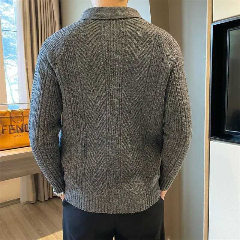 Sweater Mens Retro Texture Turndown Collar Polo Shirt Autumn Winter Casual Solid Color Buttons Knitted Sweaters Tops PulloverXJ240814