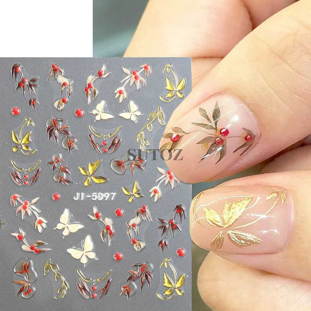 5D Embossed Nail Stickers Cherry Bow Star Nail Sliders Y2K Butterfly Decals Acrylic Design Manicure Art Deco Supplies LEBJI-5D98XJ240814