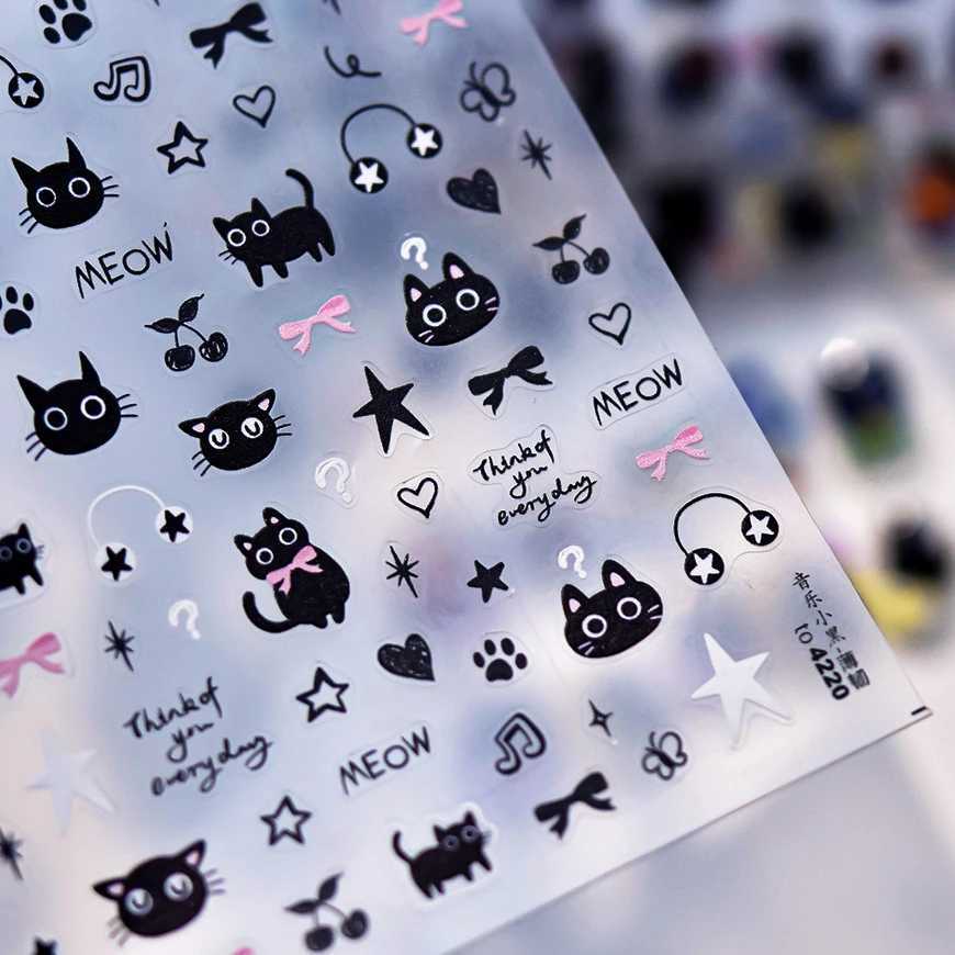 Black Cat Paw Prints Bowknot Love Heart Cherry Meow Music Kitty Star Egyptian Fish Totem Pharaoh Nail Art Sticker Manicure DecalXJ240814