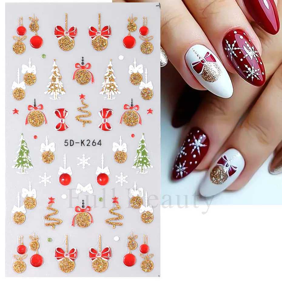 5D Embossed Christmas Nail Stickers Shiny Glitter Gold Silver Snowflake Snowman Santa Claus Tree Winter Xmas Nail Decor DecalsXJ240814