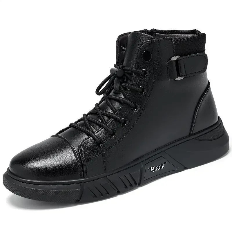 Ankle Boots Black PU Leather Mens Sports Shoes Autumn Winter Comfortable High-top Casual Fashion Platform Boots Man Round Head 240828