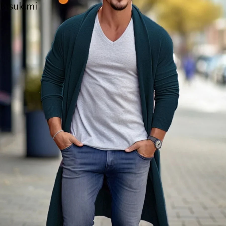 2024 Mens Thin Knitted Sweater Cardigans Solid High Quality Soft Long Woolen Coat Jacket for Men Spring Autumn Knitted Jacket 240816