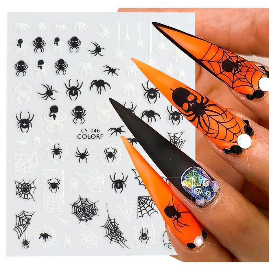 3D Luminous Nail Stickers Decals Spider Web Halloween Black White Glowing in the Dark Nail Art Sliders Foils Tattoo TRCY046-054XJ240814