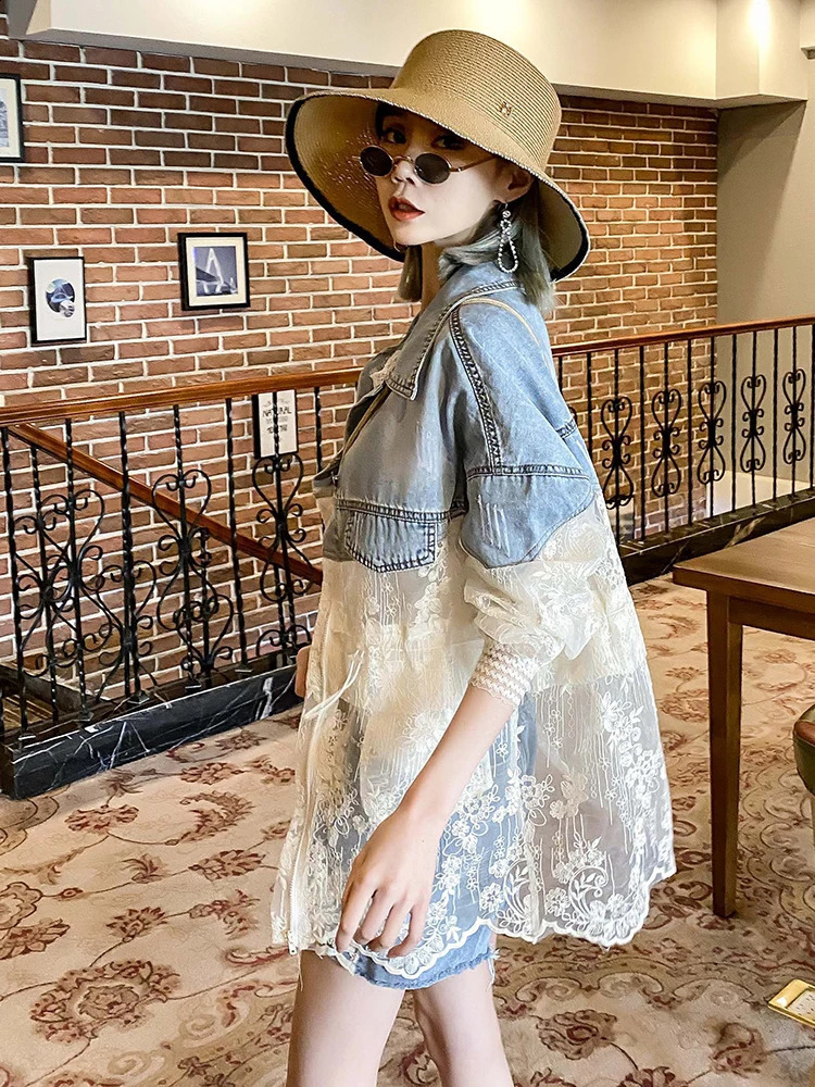 Denim Patchwork Jacket For Women In The Summer Sun Proof Thin European Fashion Trend Womens Denim Jacket Swimwear 240814
