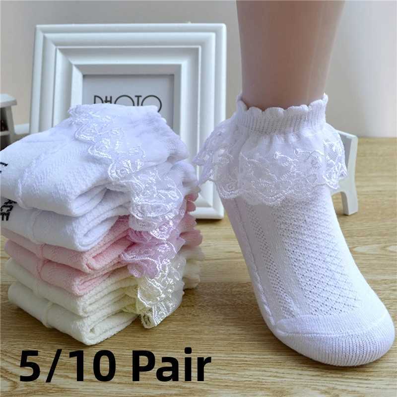 5/10 pairs of baby girl childrens socks lace pleated princess mesh childrens ankle short breathable cotton white pink blue childrens socks W240814