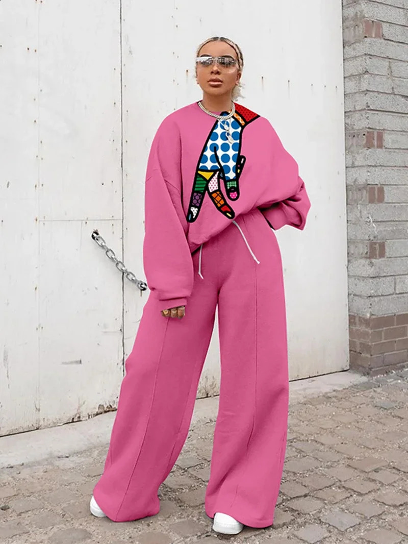 Super sized track suit womens twopiece pants set autumn clothing cartoon printed zipper sports shirt wide leg 240809