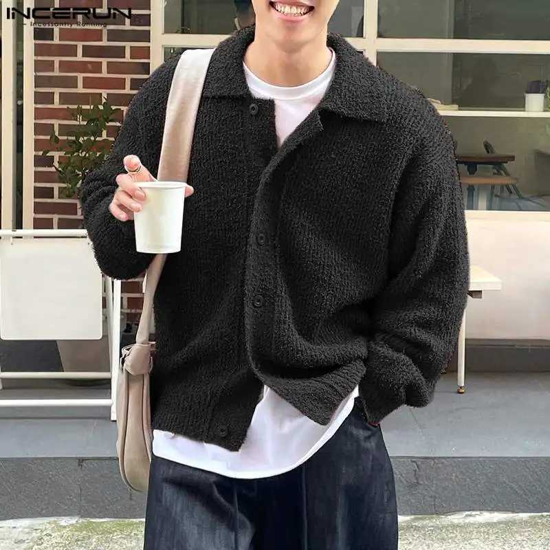 INCERUN Mens Cardigan Solid Knitted Lapel Long Sleeve Button Casual Male Sweaters Streetwear 2024 Fashion Men Clothing S-5XLXJ240814