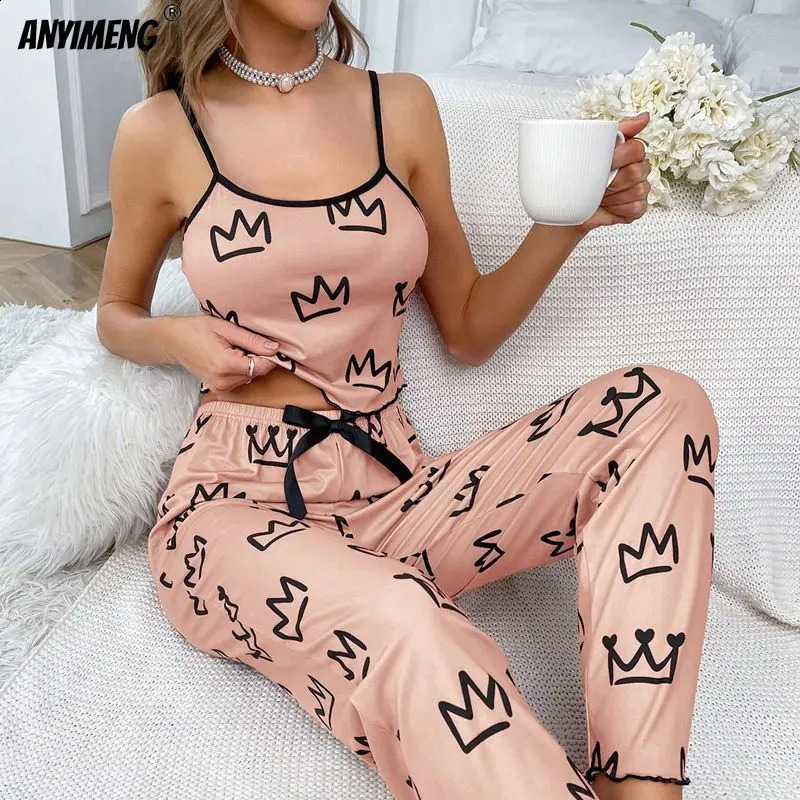 Crown Printing Women Sling Widelegs Pajamas Set Fashion Pijama For Girl Soft Milk Silk Sleepwear Casual Lady Sexy Nightwear 24