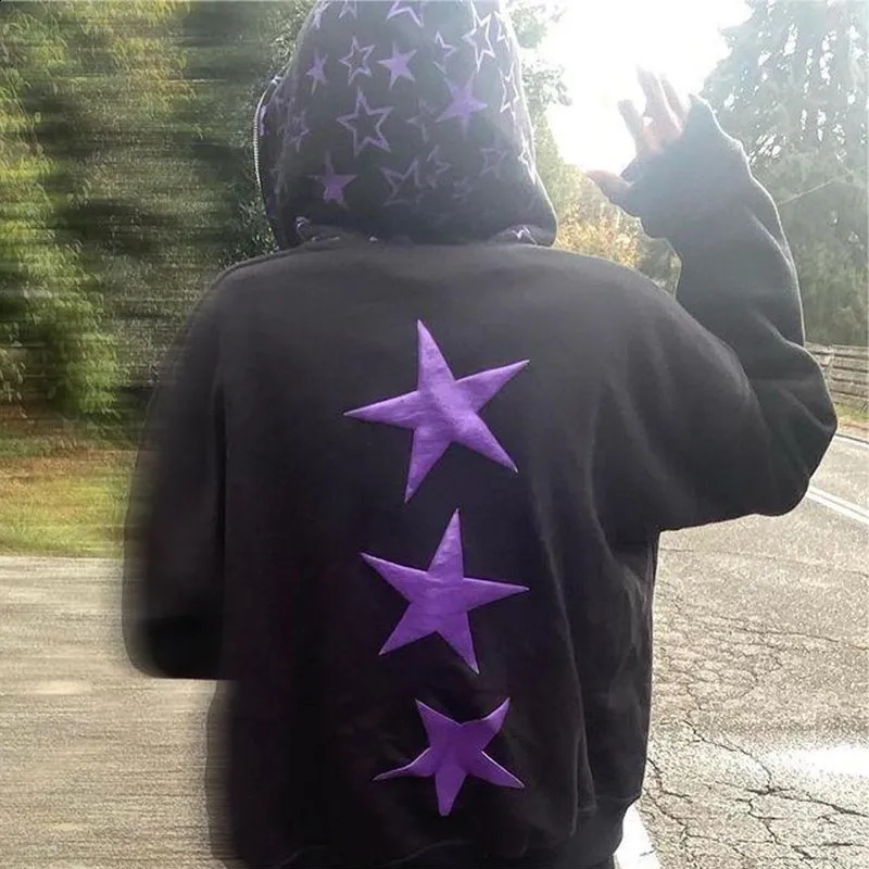 Street Trend Clothing Vintage Star Print Zip Hoodie Women Y2K Loose Casual Top Harajuku Korean Version Oversized Men Sweatshirt 240809
