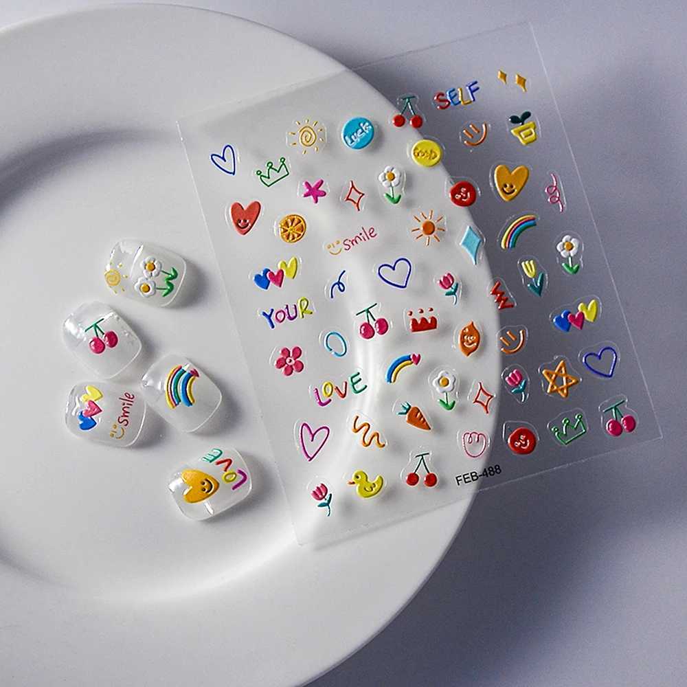 2023 Jelly Design Tulip Flowers Love Heart Color Lines 5d Embossed Reliefs Nail Art Stickers Lovely Manicure Nail DecalsXJ240814