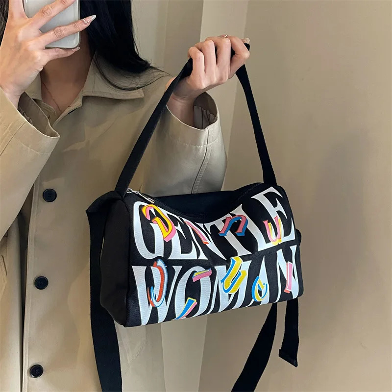 High Beauty Letter Printed Canvas Pillow Bag for Work Travel Single Shoulder Youth Daily Versatile Casual Crossbody Bags 240814