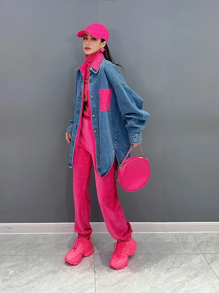 Vefadisa 2024 Autumn Green Women Patchwork Denim Jacket Lapel Long Sleeve Irregular Coat Temperament All Match Coat ZXY745A 240814