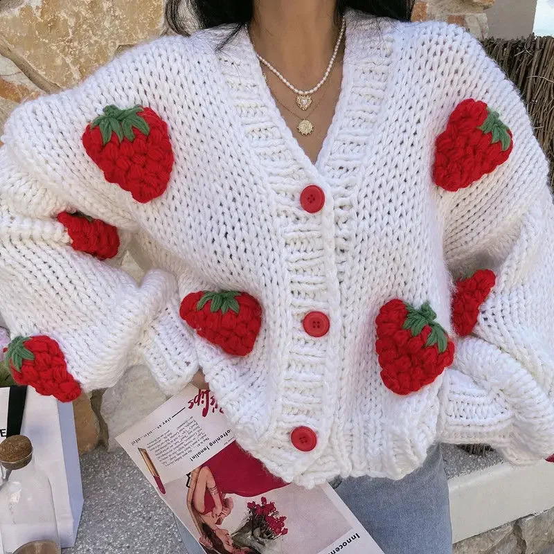 Large Size Women Sweater Spring Autumn Puff Sleeve Strawberry Sweet Full Cardigans Loose Girls Sweater Euro-America Style 240812