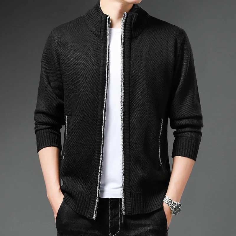 Mens Knit Sweater Stand Collar Cardigan Coat Autumn Winter Fleece Warm Clothes Korean Casual Cardigans Knit JacketXJ240907