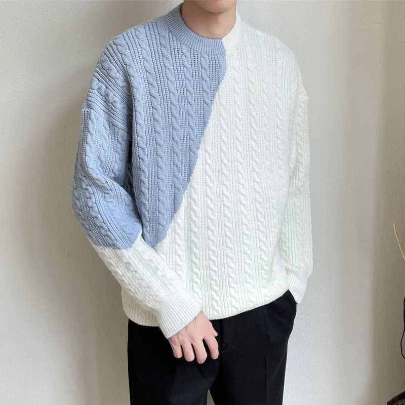 Winter Fashion Trend Color Contrast Round Neck Fried Dough Twists Loose Versatile Handsome Thickened Mens Long Sleeved SweaterXJ240814