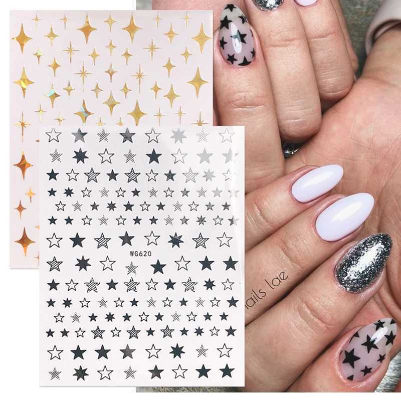 Rose Gold Star 3D Nail Stickers Silver Black White Star Heart Transfer Stickers for Nails DIY Decals Manicures Decoration TipsXJ240814