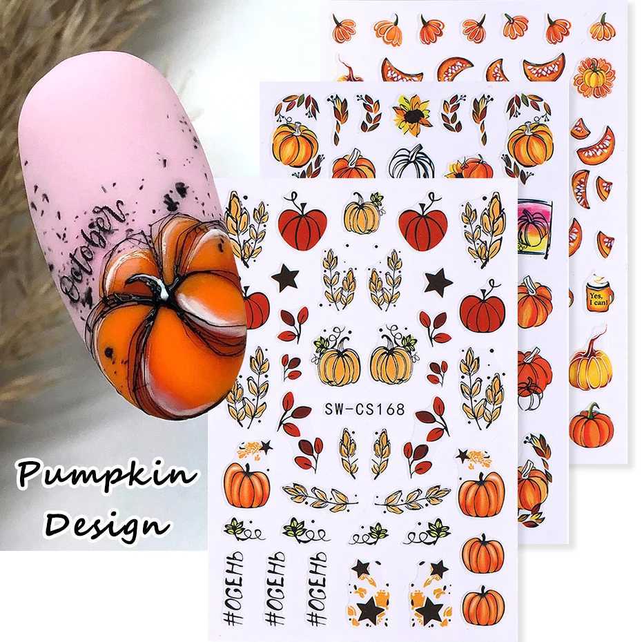 Autumn Pumpkin Nails Adhesive Stickers Fall Maple Leaf Flower Holly Element Decal Winter Adhesive Sliders Manicure Supplies TipsXJ240814