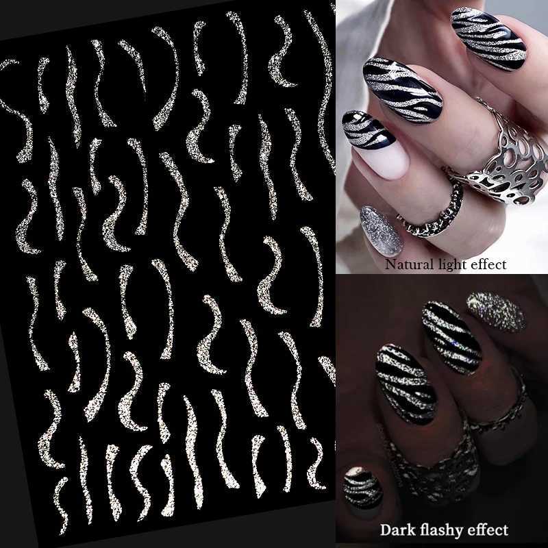 French Reflective Glitter 3D Nail Sticker Sparkly Gold Silver Line Star Heart Nail Decals Transfer Sliders Manicure DecorationsXJ240814