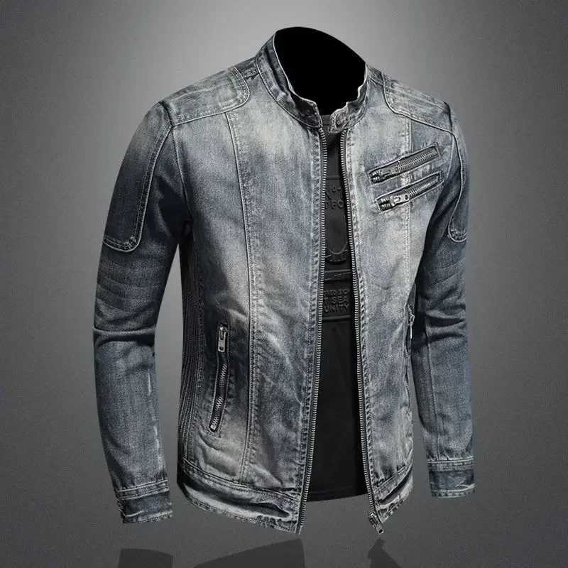 New mens denim jacket trend retro fashion casual stand up collar zipper jacket handmade cyclist clothing denim top W241011