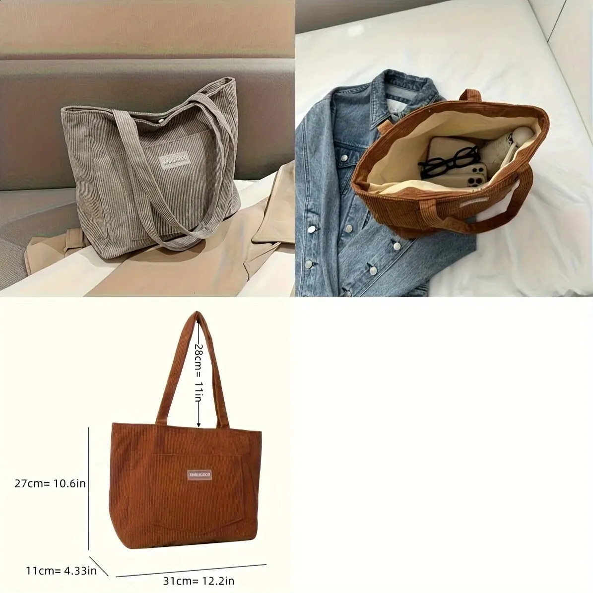 Large Capacity Shoulder Bag Trendy Corduroy Tote Solid Color Ladies Handbag With Front Pocket 240815ZYl
