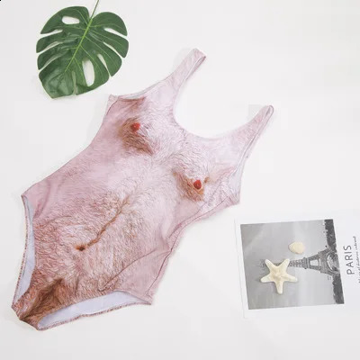 Funny Borat Printed One Piece Swimsuit Womens Sexy Chest Hair Bath Clothes Summer Joke Bather Novelty Beachwear 240815