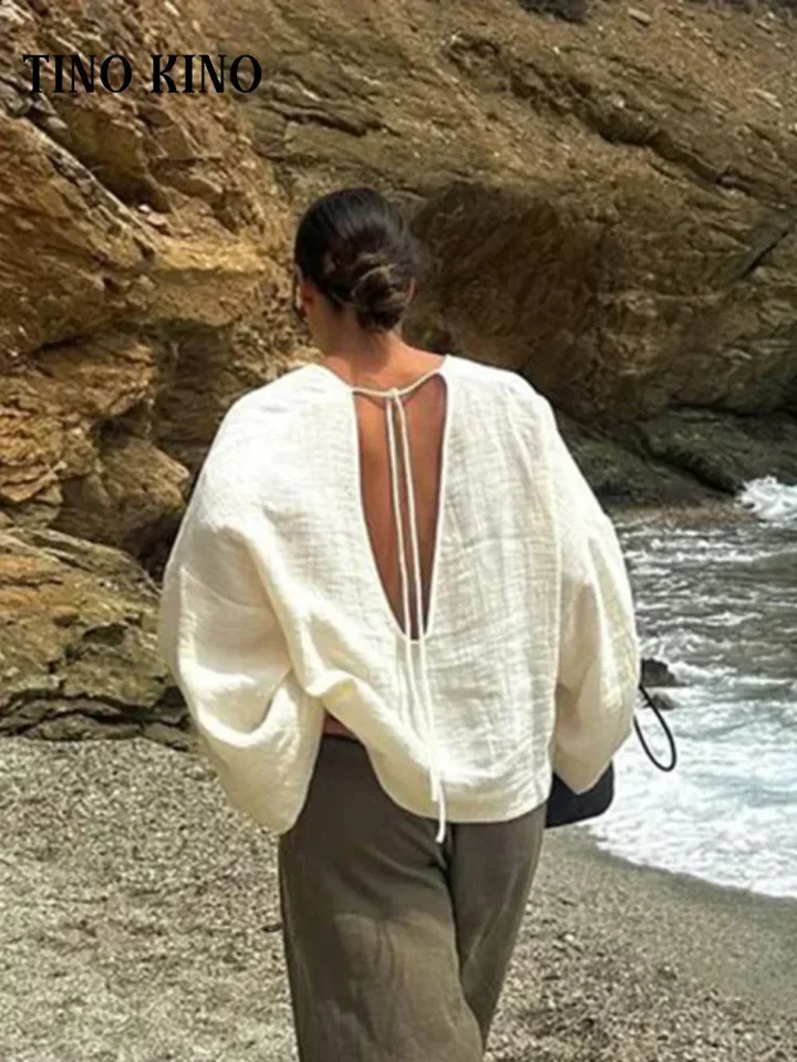 Casual lace backless womens shirt loose Vneck long sleeved pure cotton autumn item oversized vacation 240814