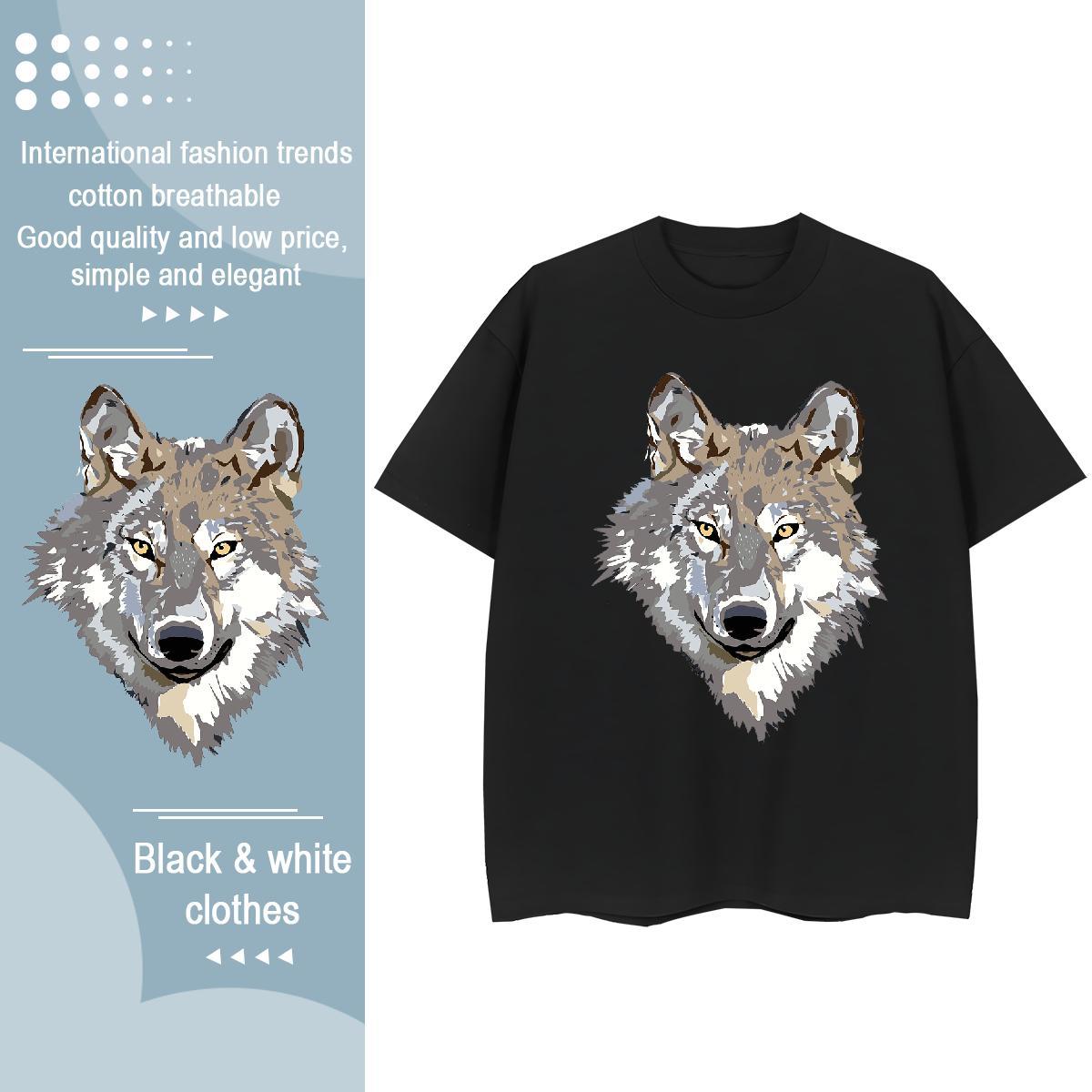 Casual New T shirt Breathable Short Sleeve 230g Cotton Unisex Tshirts Cartoon Floral Printing wolf Street Casual Comfortable Clothes