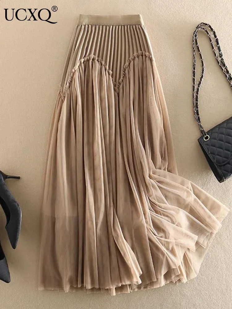UCXQ Elegant Womens Clothing Lace Spliced Mesh A-line High Waist Khaki Black Fashion Skirts Female 2024 Spring Summer 23A7144 240815