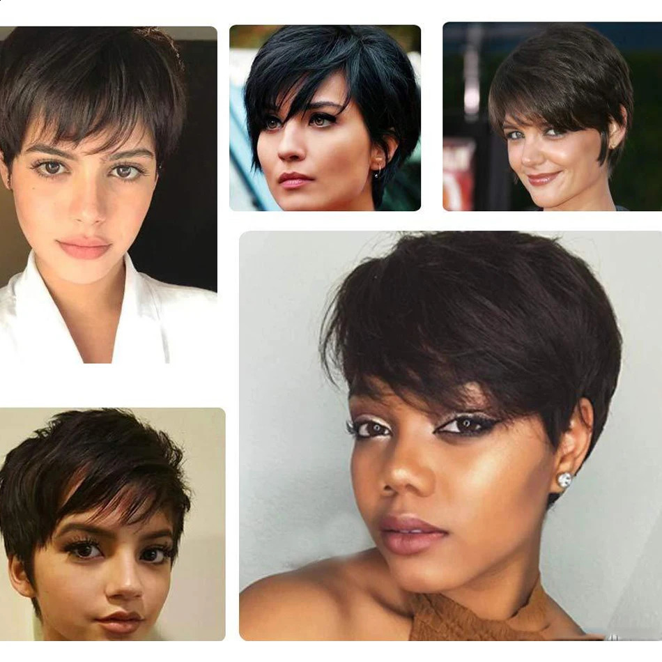 Short Pixie Cut Wig Human Hair Ready to Wear Brazilian Human Hair Wigs for Women Black Brown Red Full Machine Wigs 240805