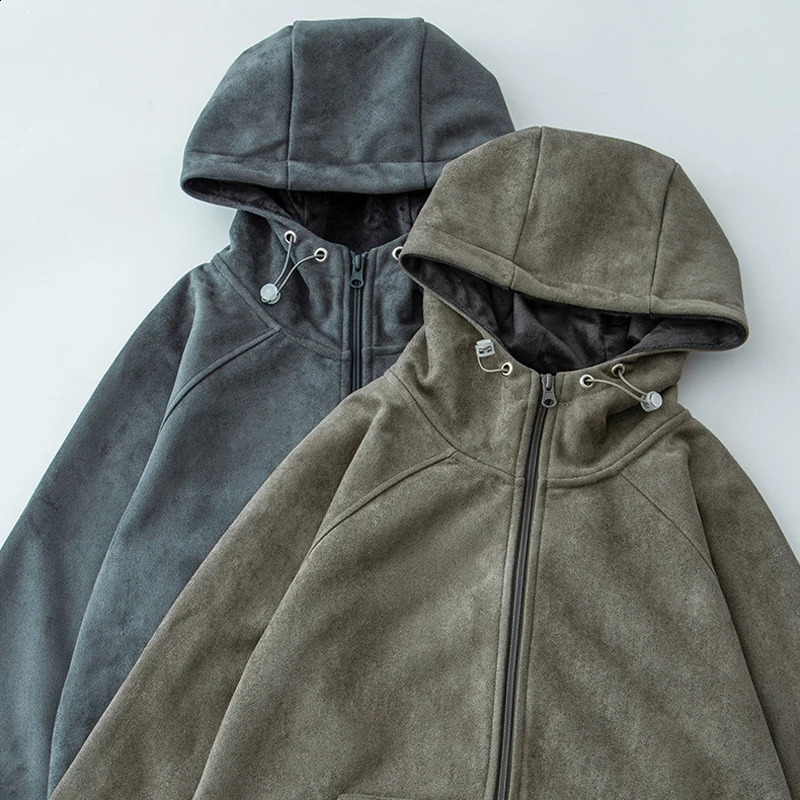 Suede lining Raglan pullover hoodie loose retro cotton clip thick warm zipper 240823